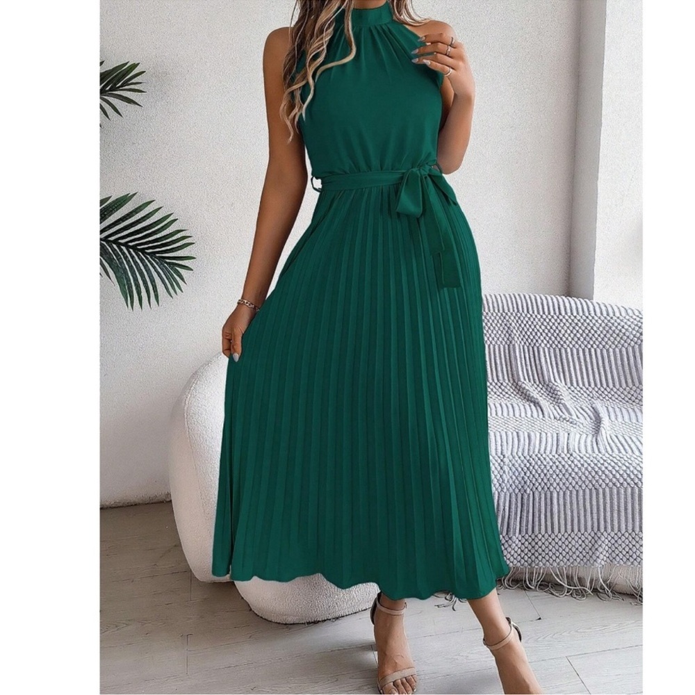 Classic Halter Neck Pleated Midi Dress S M L XL